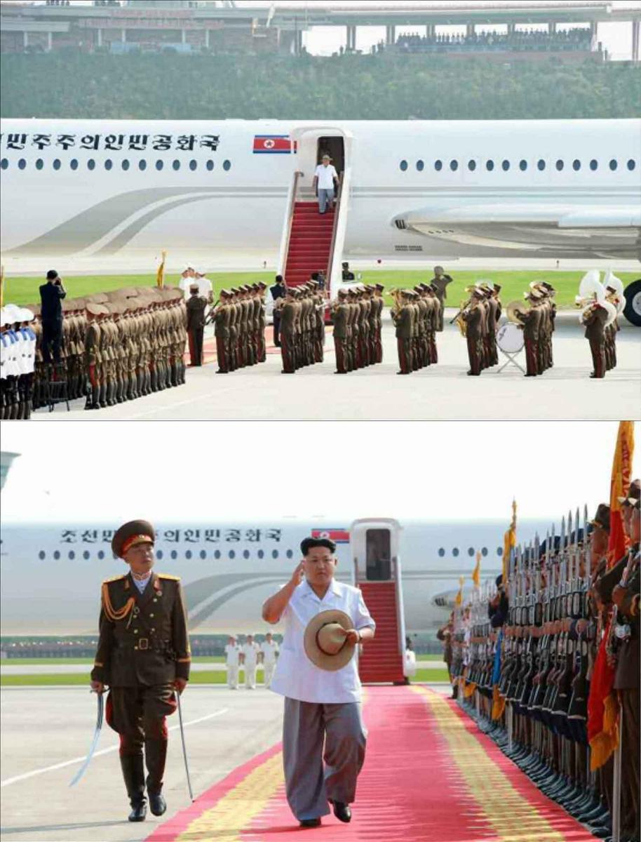 朝鮮戦闘飛行技術大会　兵士が米国旗を踏む