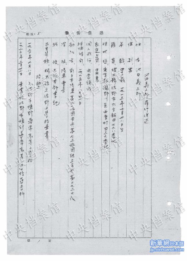 （日本侵华战犯笔供）（3）国家档案局发布《日本侵华战犯笔供选》第十四集：池田义三郎
