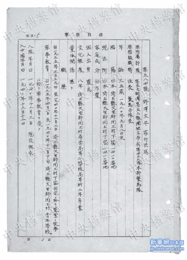 （日本侵华战犯笔供）（2）国家档案局发布《日本侵华战犯笔供选》第二十七集：野泽文平