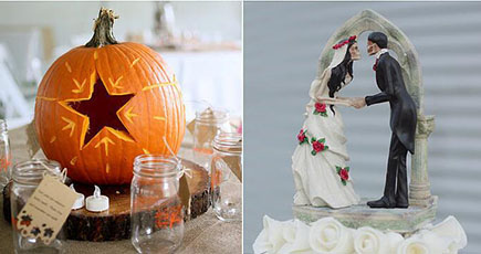 黒のドレスと骸骨のケーキ　面白いハロウィン結婚式