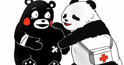 熊同士で手を取り合って、「パンダ」が熊本にエール