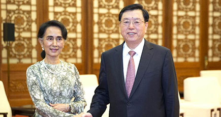 張徳江委員長、ミャンマーのアウン・サン・スー・チー国務資政と会見