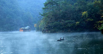 張家界・宝峰湖が朝霧に包まれる　水墨画のよう
