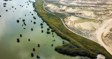 空から撮影された寧夏回族自治区沙湖生態観光区の風景